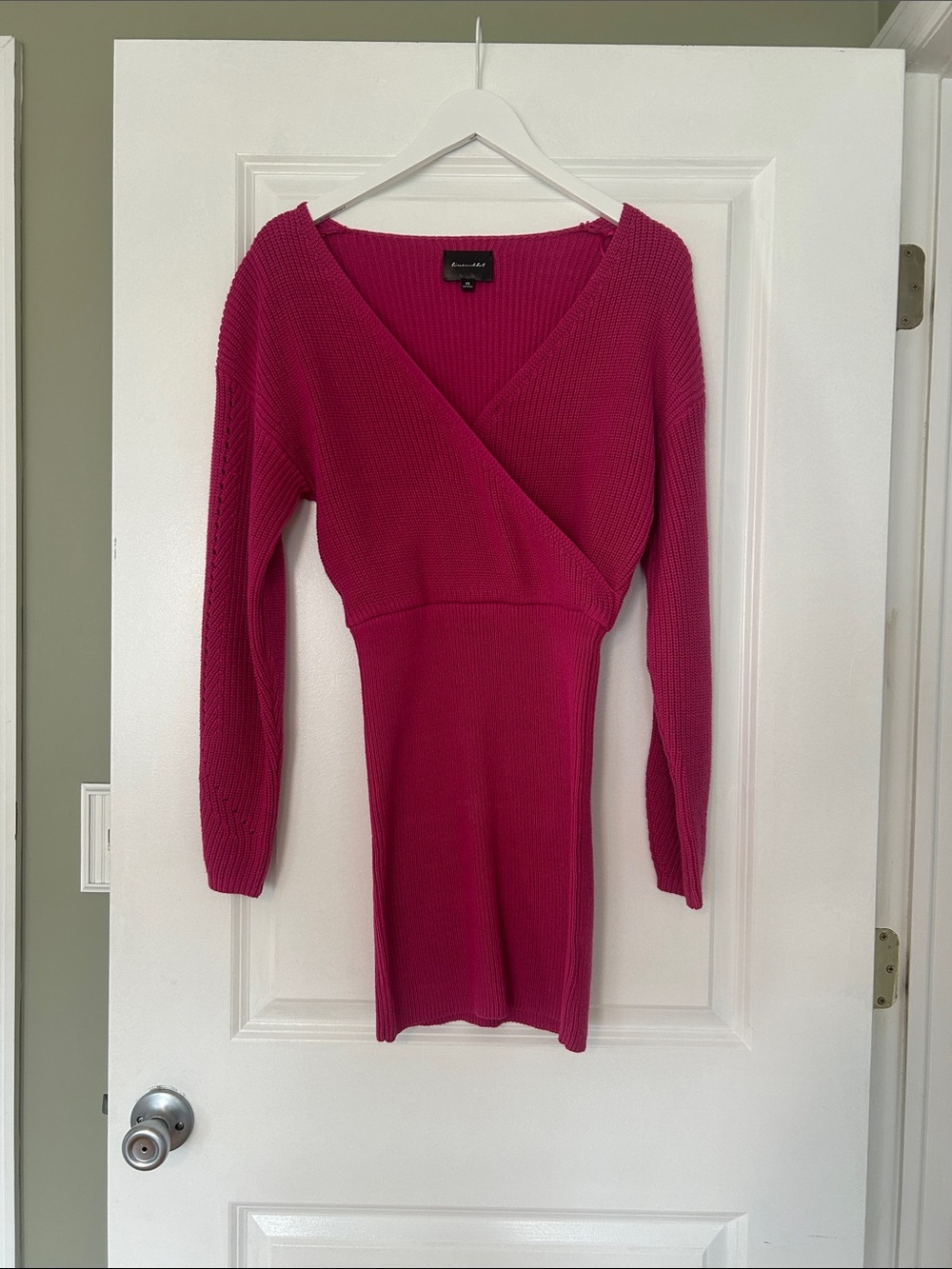 Line and Dot Fuchsia Knit Wrap-Style Long Sleeve Dress